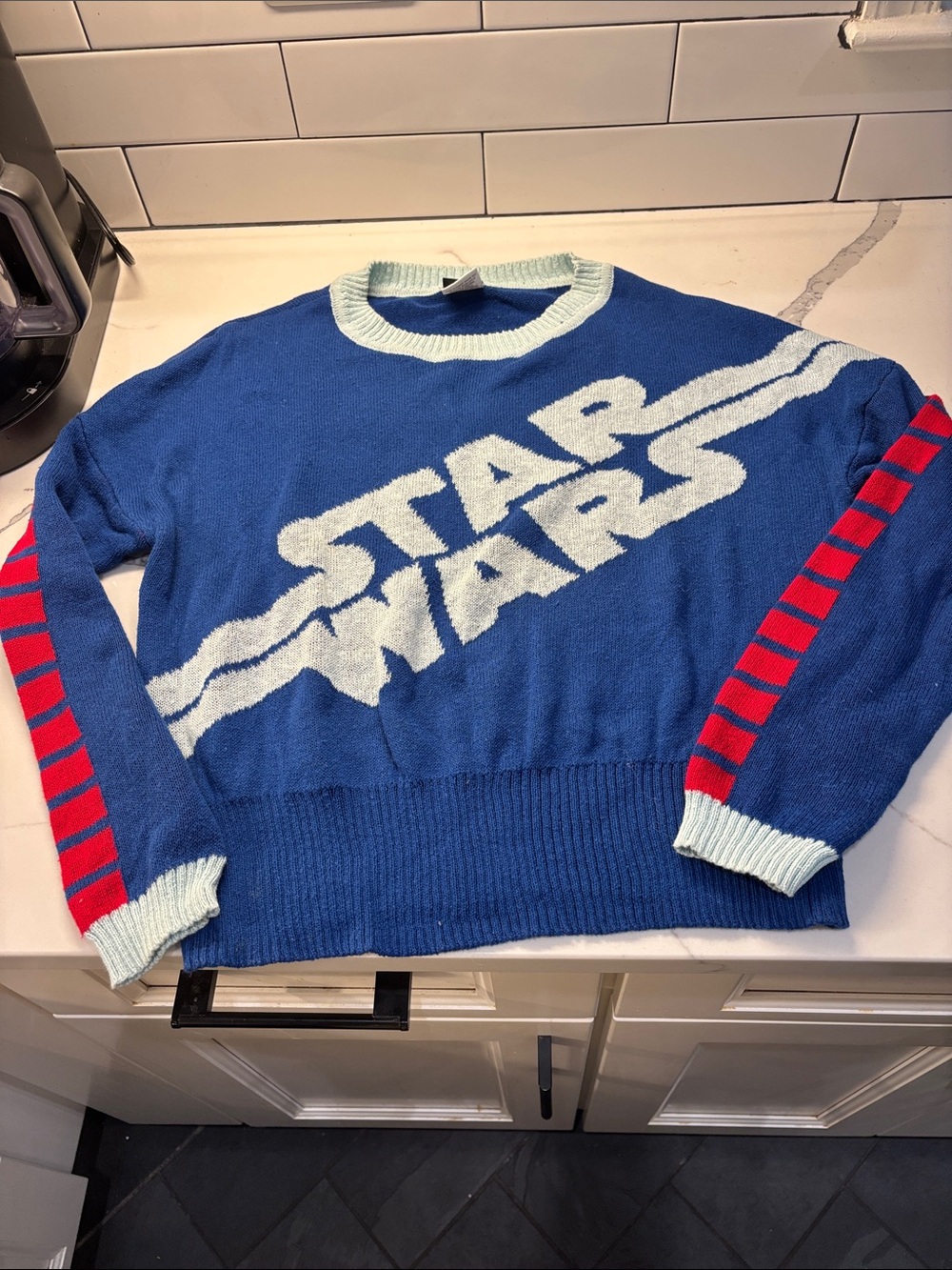 Star Wars Blue Crewneck Sweater with White Logo and Red Sleeve Stripes